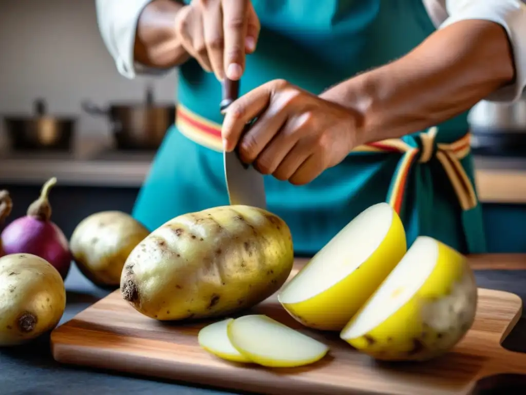 Un chef experto cortando ollucos frescos con precisión, mostrando la técnica para preparar olluco con carne en una cocina rústica