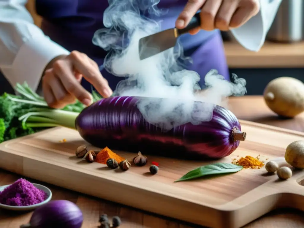 Un chef experto cortando ollucos morados con precisión, rodeado de especias y hierbas coloridas