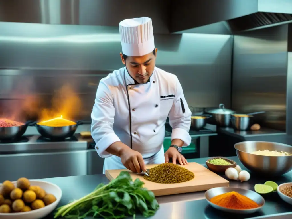 Un chef experto preparando Papas peruanas en la gastronomía moderna, rodeado de ingredientes frescos y herramientas culinarias avanzadas