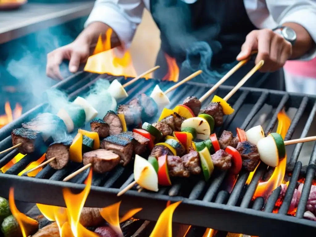 Un chef experto a la parrilla con anticuchos peruanos innovadores en un bullicioso mercado callejero