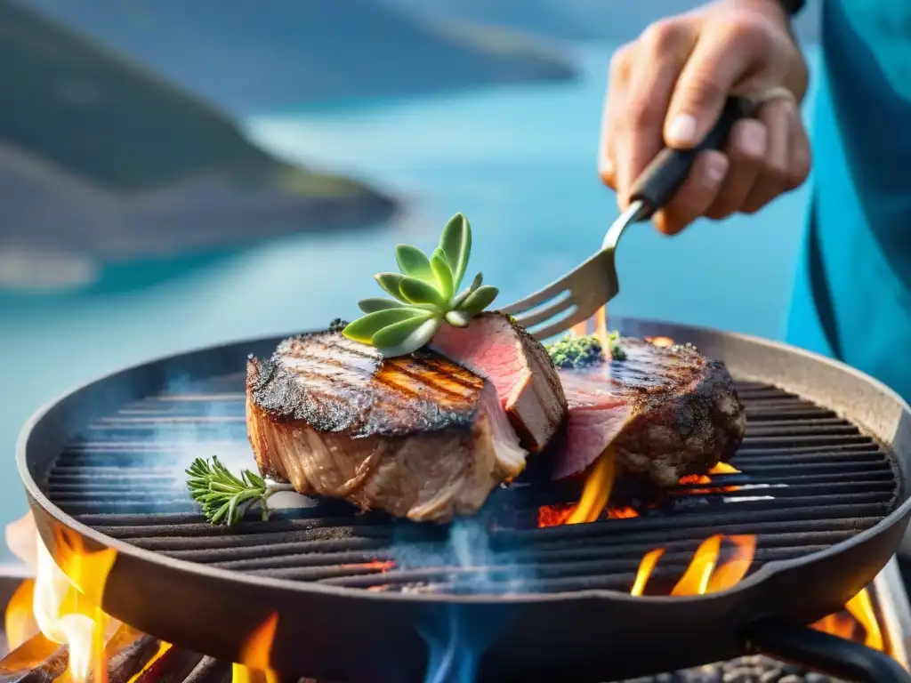 Un chef experto cocina cordero patagónico sobre fuego, con mar y montañas de fondo