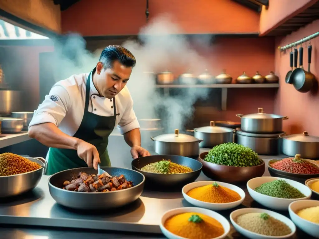 Un chef experto prepara Lechón Peruano en una cocina tradicional bulliciosa