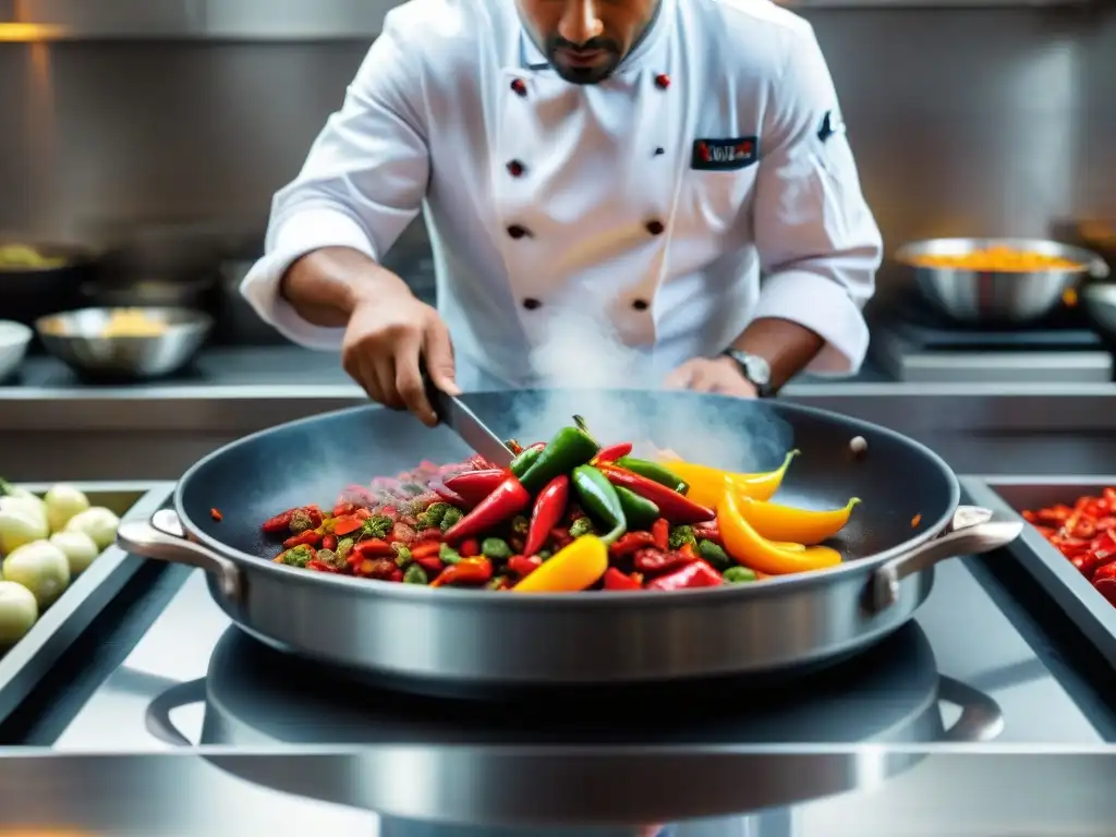 Un chef experto cortando ajíes peruanos en una cocina bulliciosa, fusionando sabores con precisión