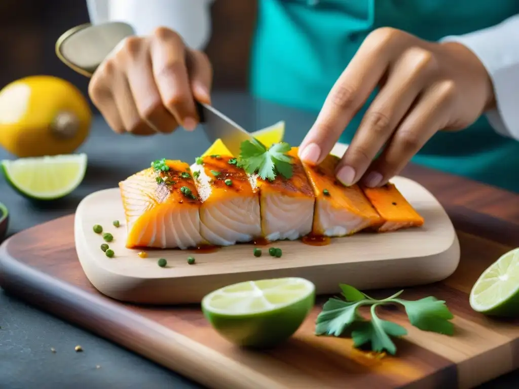 Un chef experto marina pescado con especias peruanas para Anticuchos de Pescado receta, resaltando la tradición culinaria