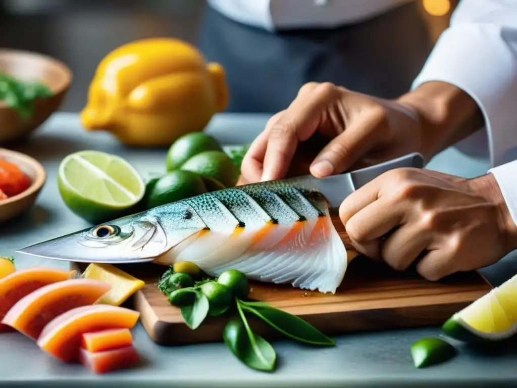 Un chef experto cortando pescado fresco para un cebiche peruano, reflejando la historia culinaria de Gastón Acurio