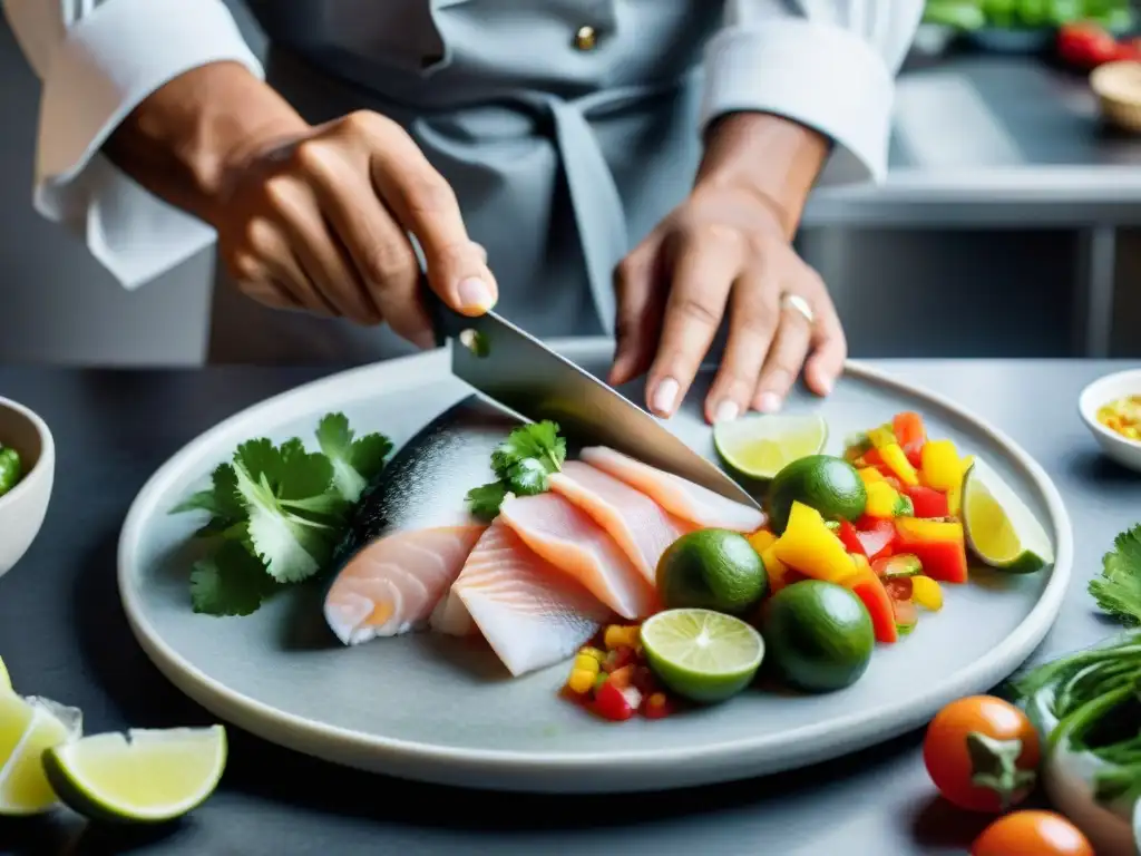 Un chef experto cortando pescado fresco para ceviche