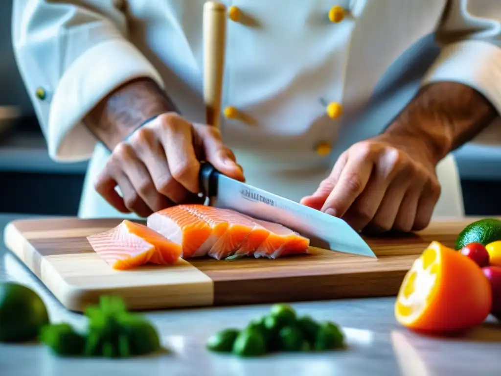 Maestro en acción: Chef cortando pescado para tiradito peruano Un chef experto cortando pescado fresco para preparar un tiradito peruano