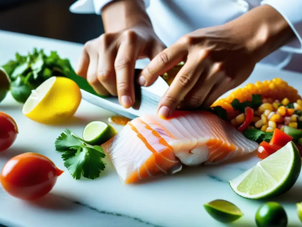 Un chef experto corta hábilmente pescado fresco para ceviche