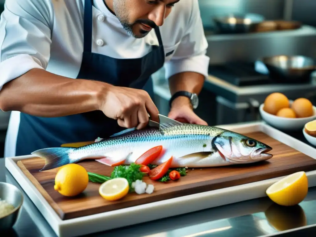 Un chef experto filetea un pescado con precisión para preparar la receta 'Pescado a lo Macho'