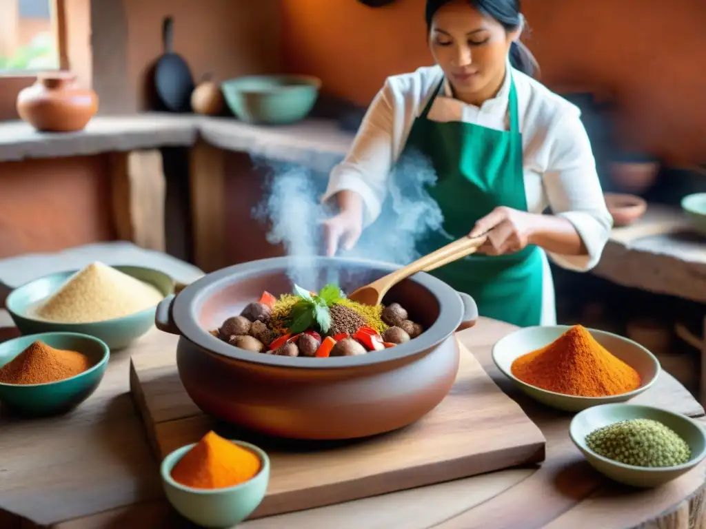 Un chef experto preparando picante de cuy en cocina tradicional peruana