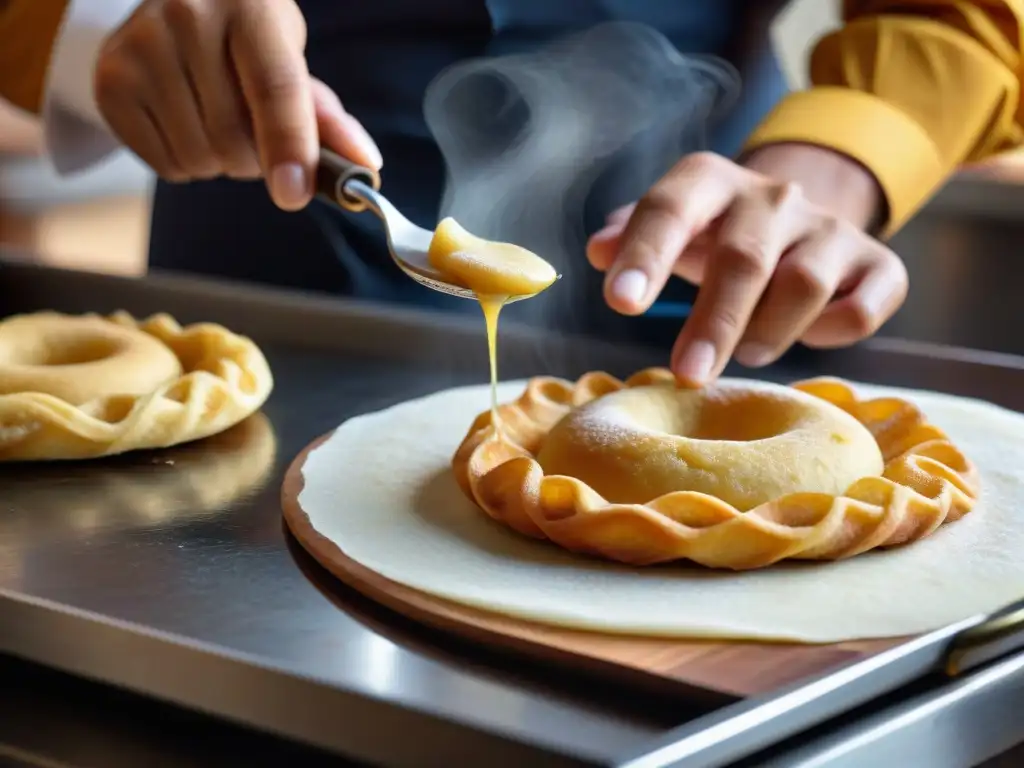 Chef experto moldeando picarones peruanos, receta auténtica con detalle y precisión en la cocina cálida