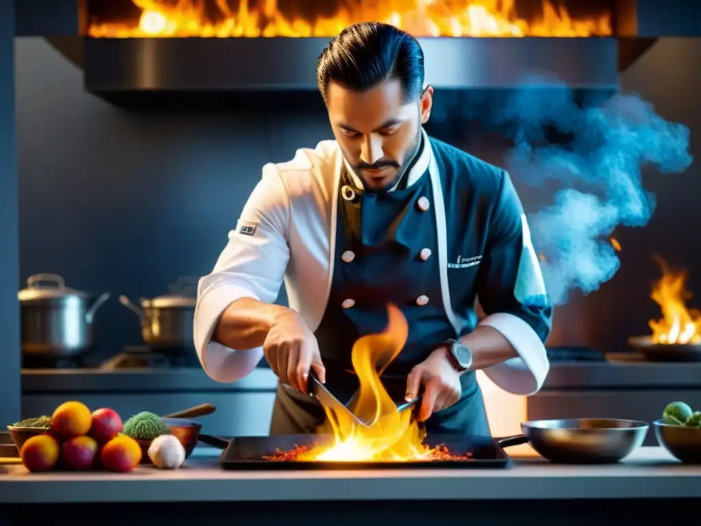 Chef experto flambeando con pisco, creando una explosión de sabores y colores en cocina moderna