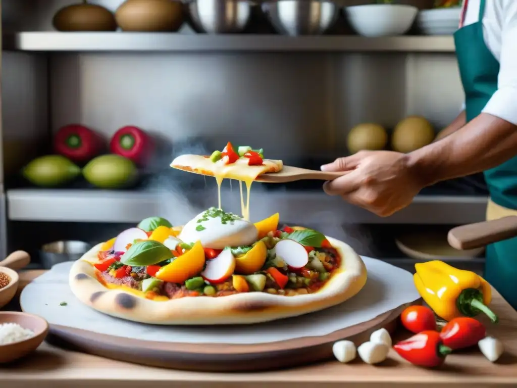 Un chef experto preparando una pizza peruana con ingredientes vibrantes y exóticos