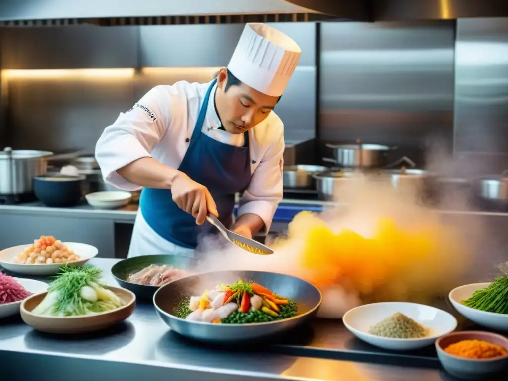 Un chef experto preparando un platillo Nikkei en una bulliciosa cocina de Perú, mostrando la fusión de ingredientes japoneses y peruanos