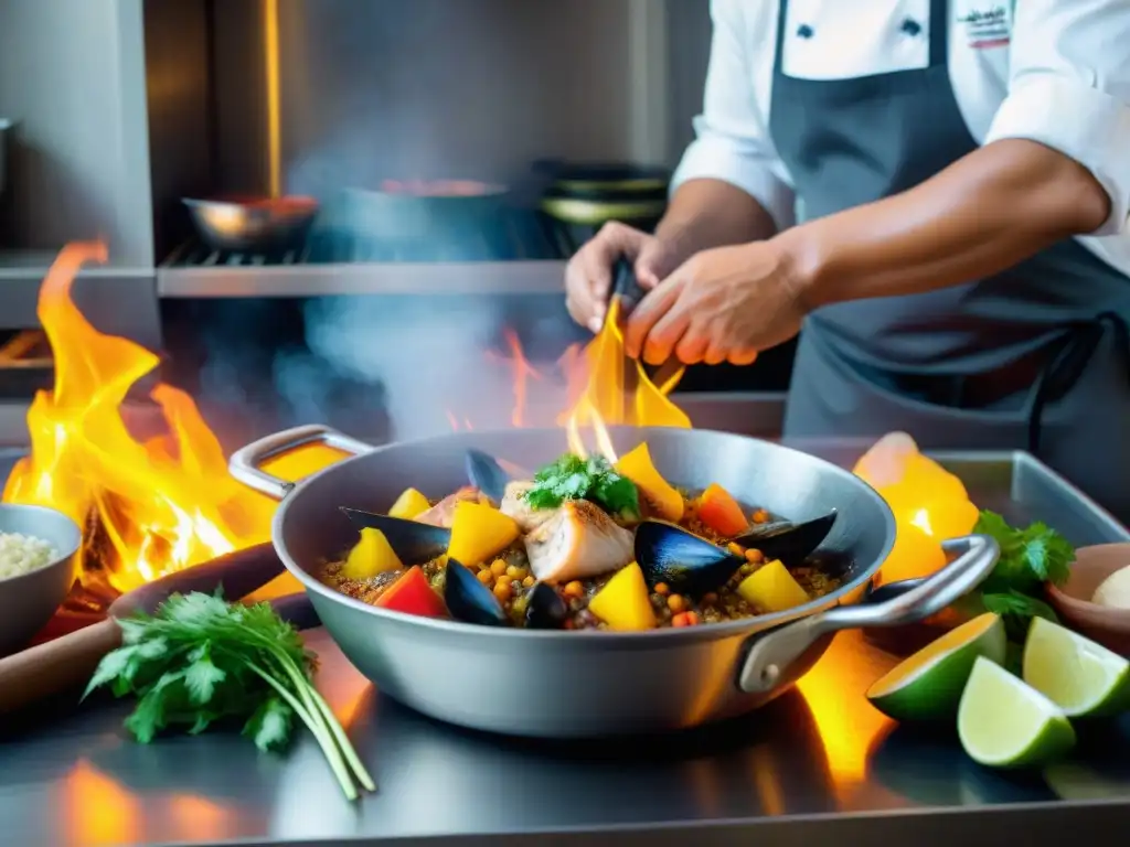Chef Héctor Solís: maestría culinaria chiclayana Un chef experto preparando un platillo chiclayano con ingredientes autóctonos en una cocina bulliciosa