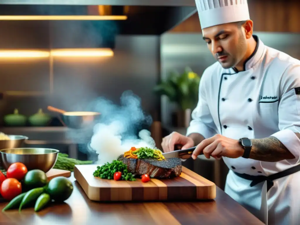 Un chef experto preparando un platillo de cocina ítaloperuana: fusión culinaria única en una bulliciosa cocina