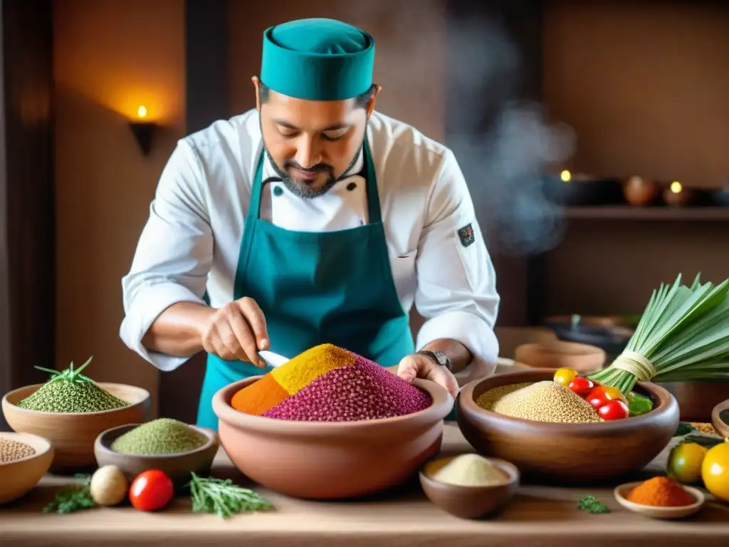 Un chef experto prepara un platillo con supergranos andinos en una cocina iluminada naturalmente