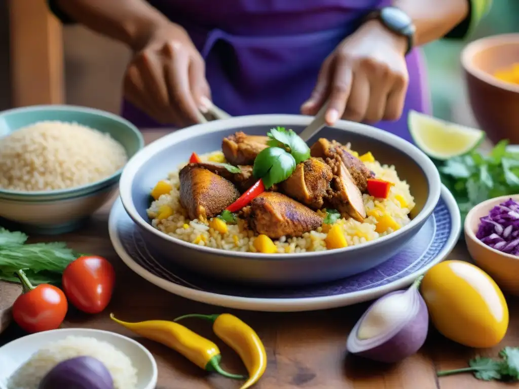 Un chef experto preparando plato afroperuano en cocina rústica