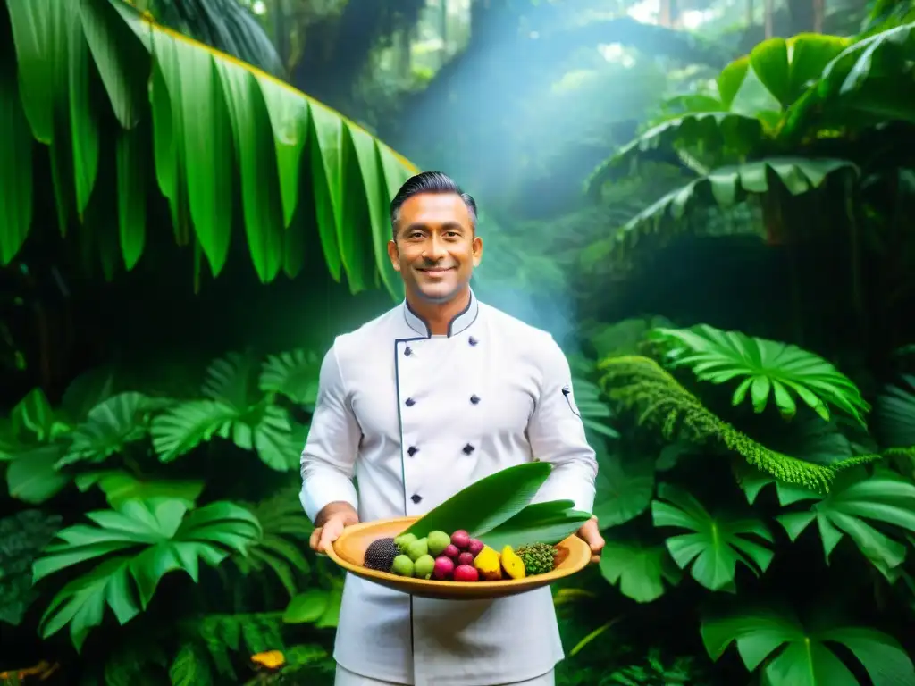 Un chef experto preparando plato amazónico con ingredientes selváticos en la exuberante selva