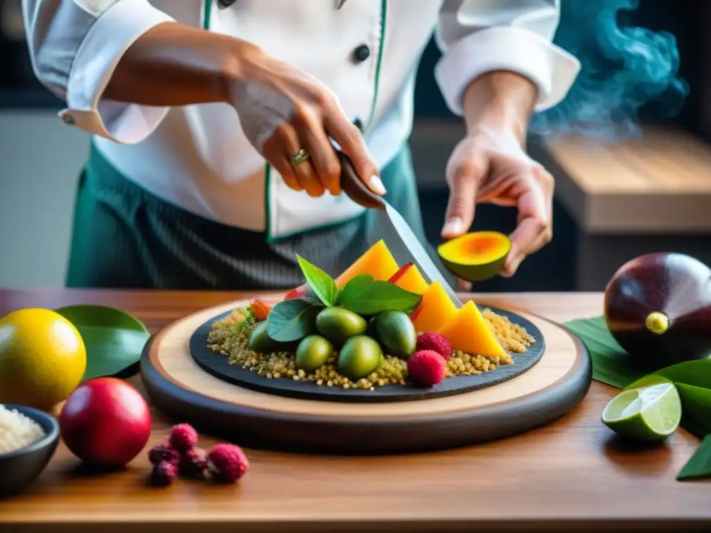 Un chef experto prepara un plato amazónico con pijuayo, mostrando los beneficios del uso del pijuayo en la gastronomía moderna