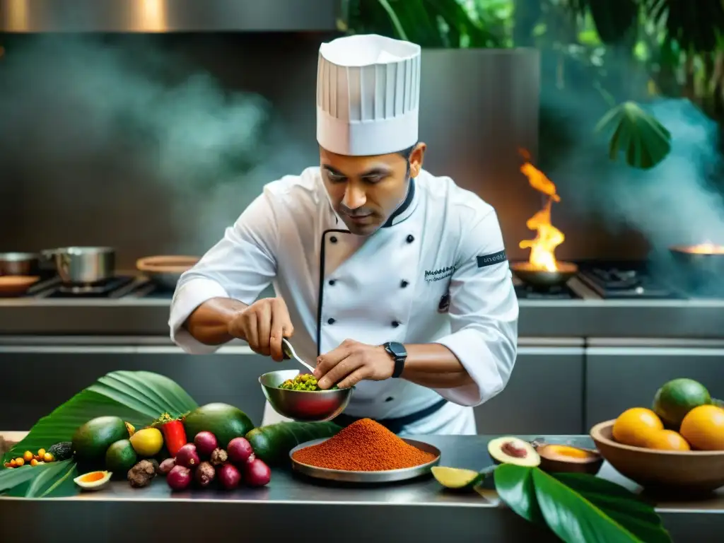 Un chef experto preparando un plato amazónico con ingredientes selváticos en una cocina profesional