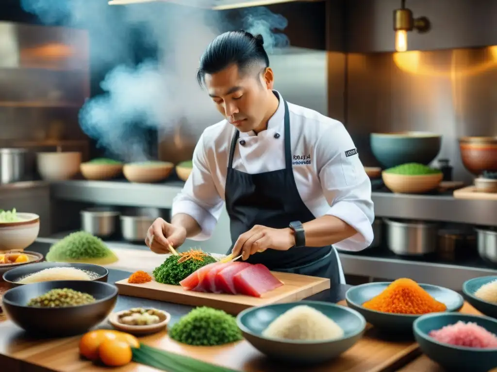 Un chef experto preparando un plato Nikkei en una cocina bulliciosa