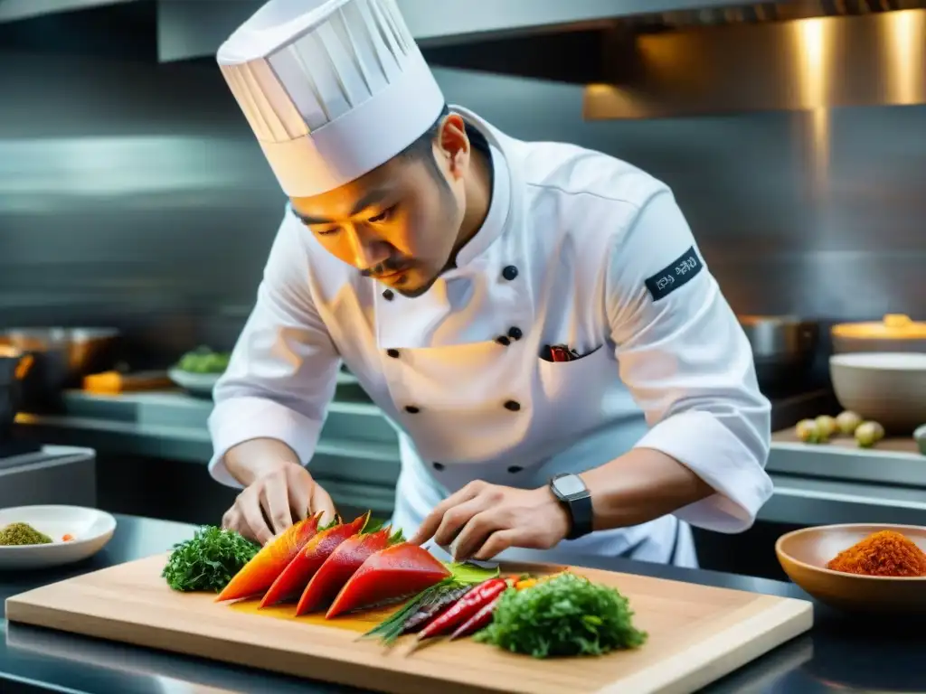 Un chef experto preparando un plato Nikkei en cocina moderna