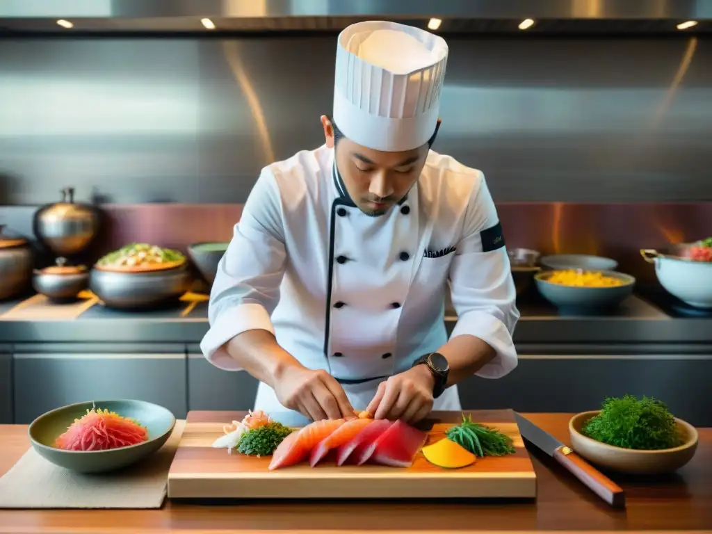 Un chef experto prepara un plato Nikkei en una cocina moderna