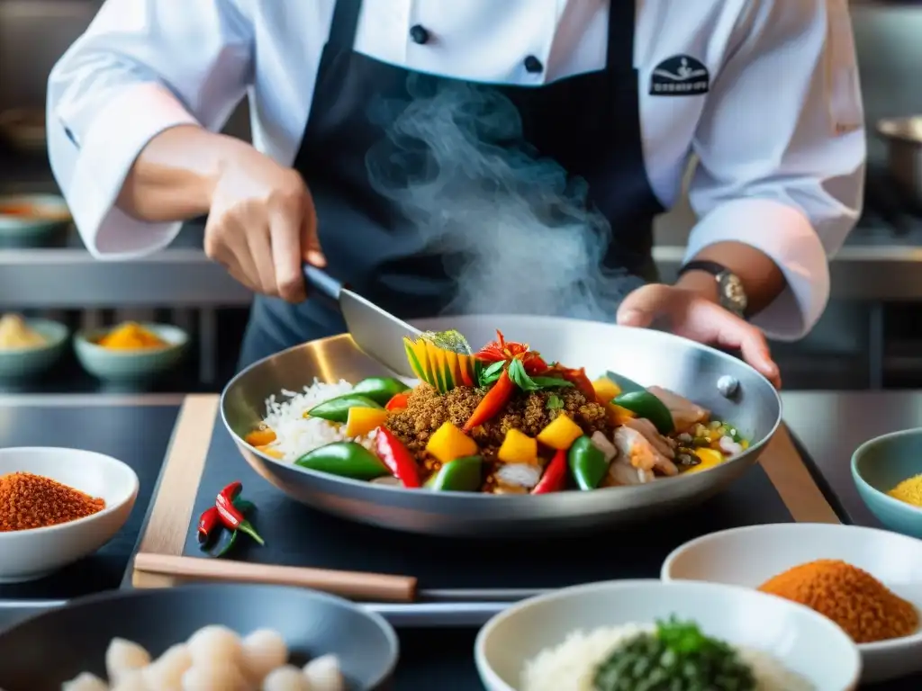 Un chef experto preparando plato Nikkei en cocina bulliciosa, fusionando ingredientes de Perú y Japón