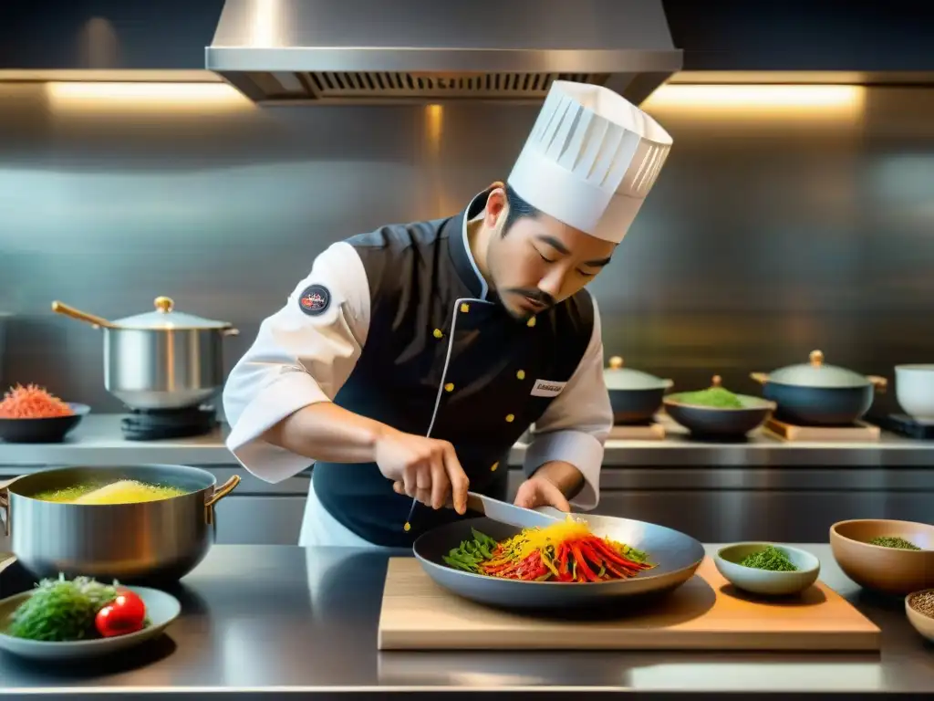 Un chef experto preparando un plato Nikkei en una cocina moderna, fusionando técnicas de cocina de Perú y Japón