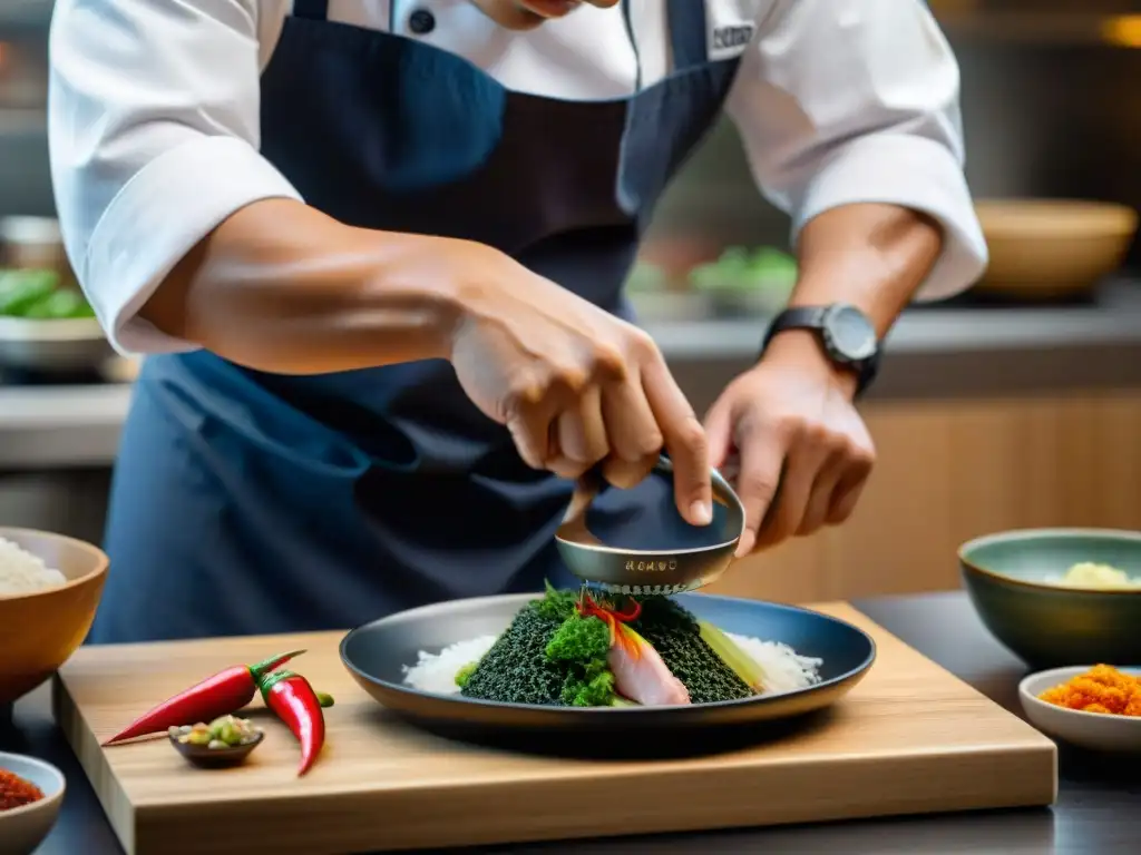 Un chef experto preparando un plato Nikkei en una cocina moderna, fusionando la cocina peruana y japonesa