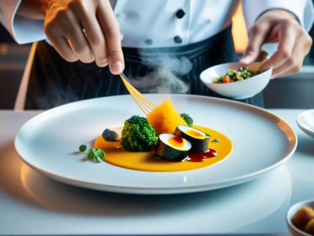 Un chef experto preparando un plato de cocina nikkei fusion Peru Japon en una cocina moderna