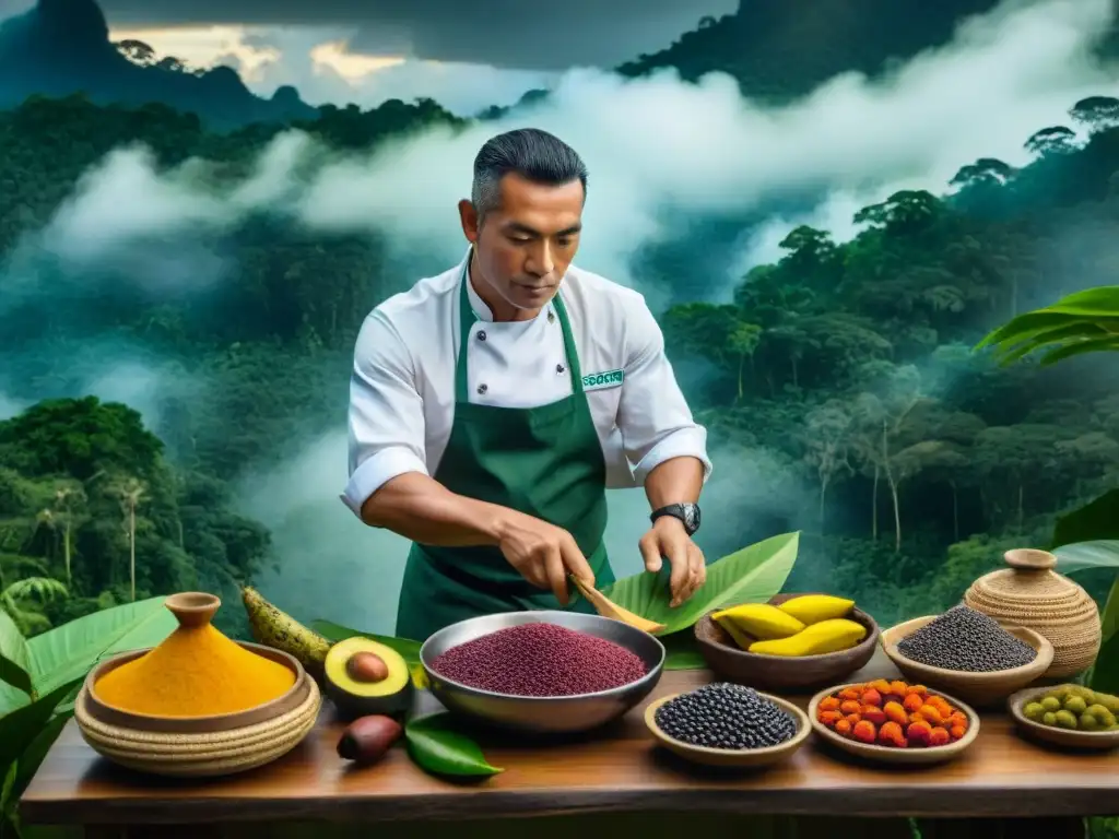 Un chef experto preparando plato en cocina amazónica con ingredientes selváticos