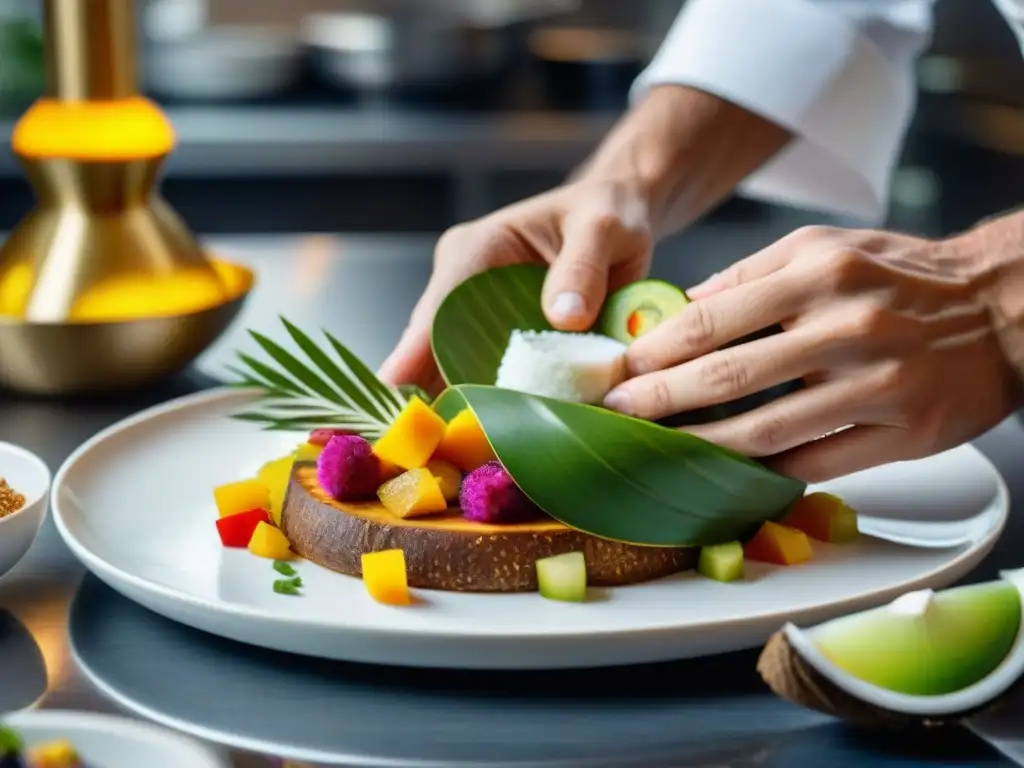 Chef experto preparando plato exótico de cocona en cocina profesional