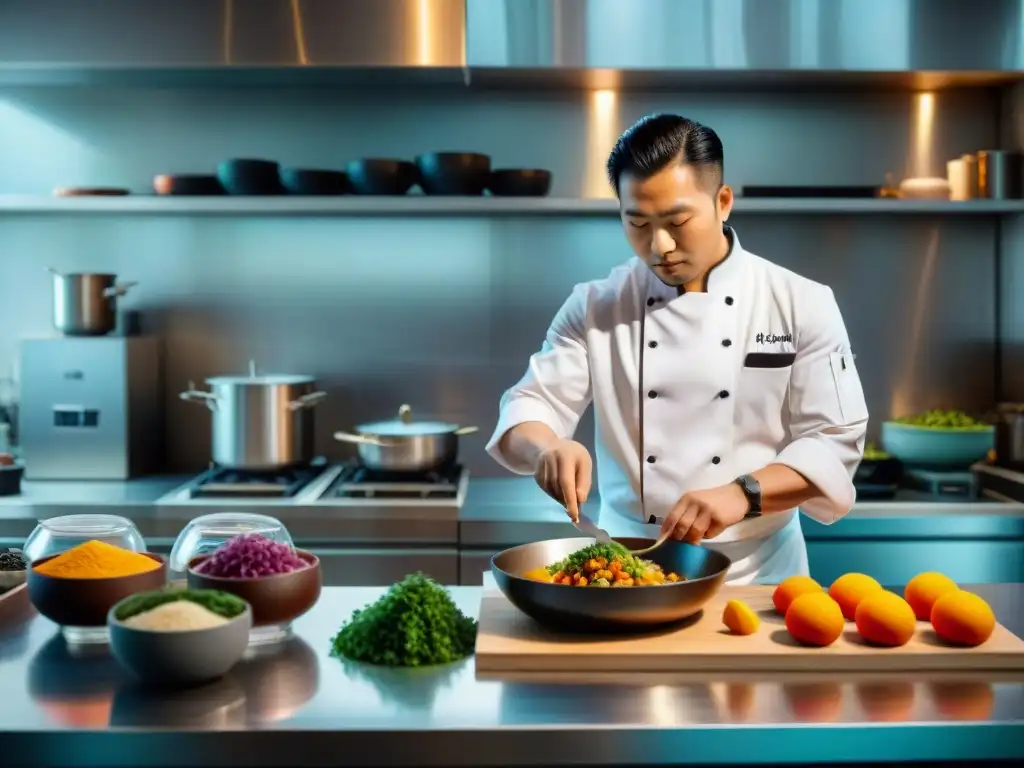 Un chef Nikkei experto preparando plato fusión en cocina peruana moderna