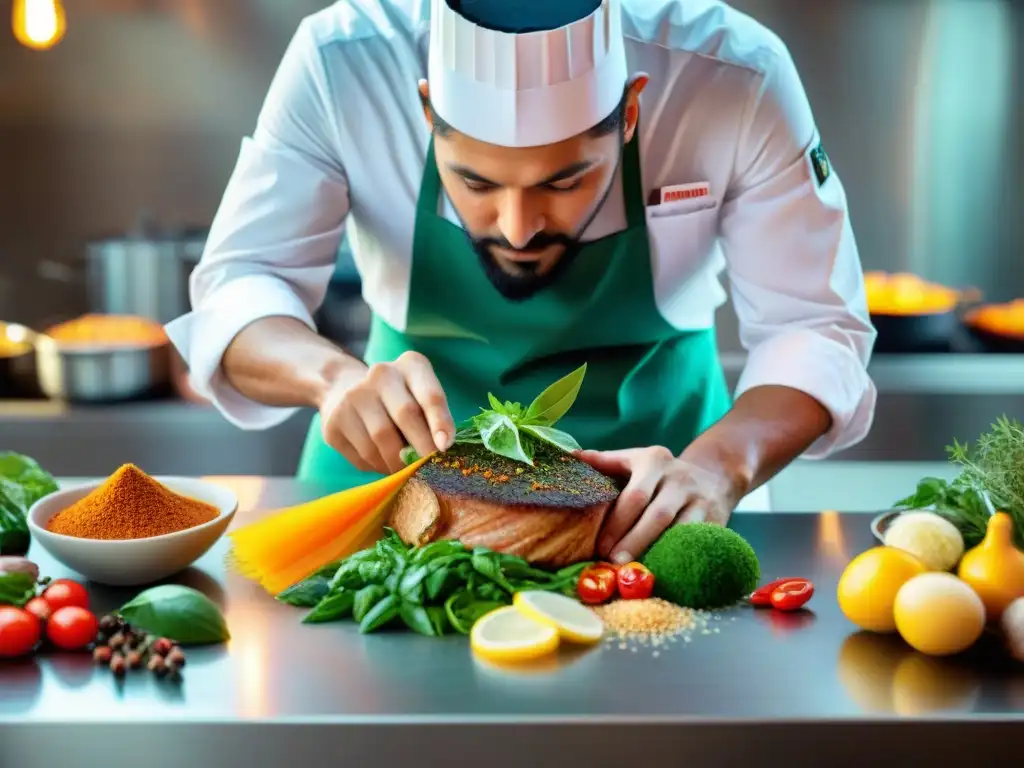 Chef experto preparando plato ítaloperuano: fusión culinaria única en cocina moderna con ingredientes vibrantes