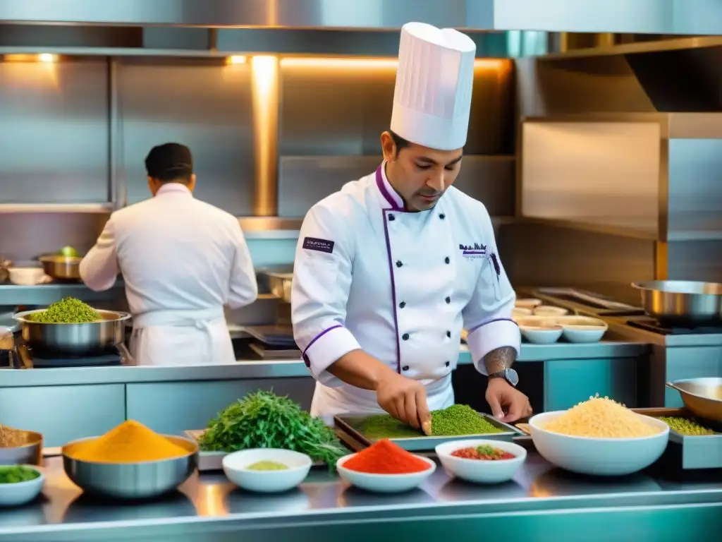 Un chef experto preparando plato peruano en cocina modular, fusionando tradición y modernidad