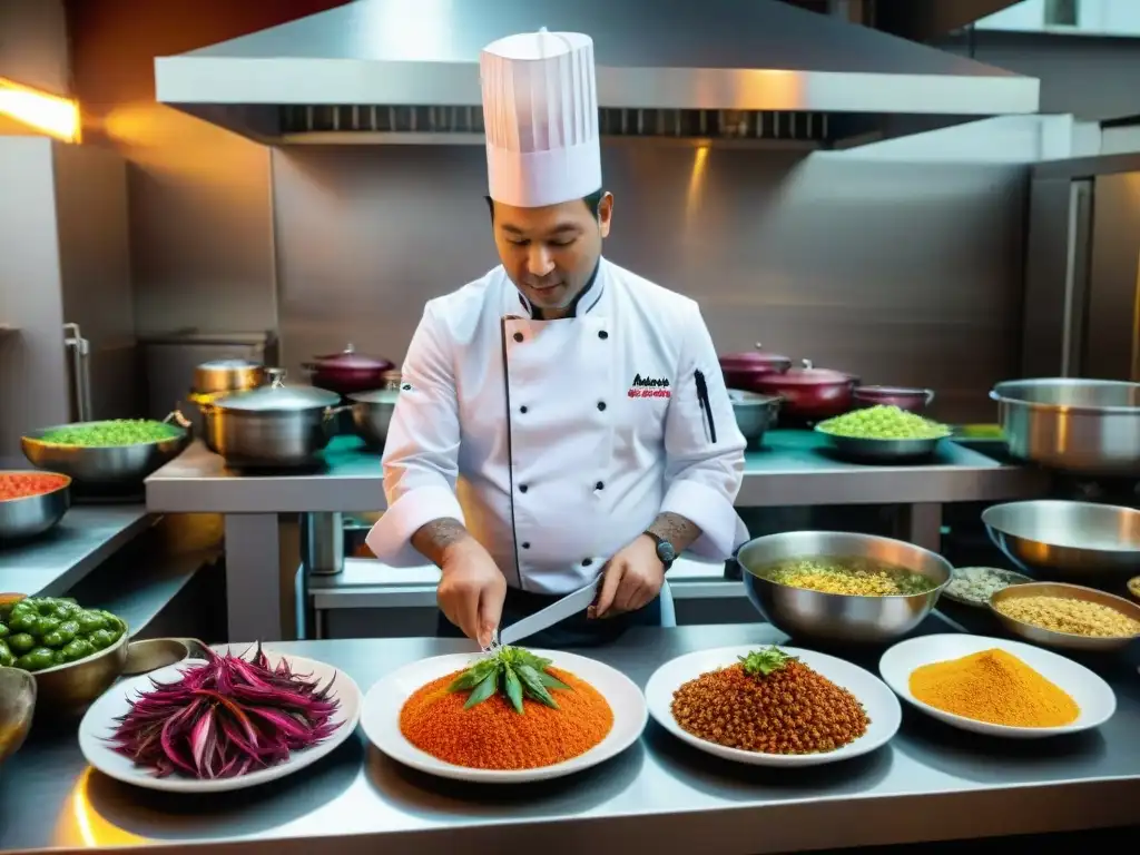 Un chef experto preparando un plato peruano en una bulliciosa cocina limeña, rodeado de ingredientes vibrantes