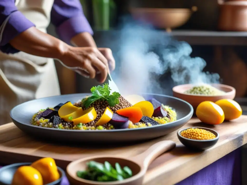 Un chef experto prepara un plato peruano con influencias indígenas en una cocina rústica llena de color y tradición