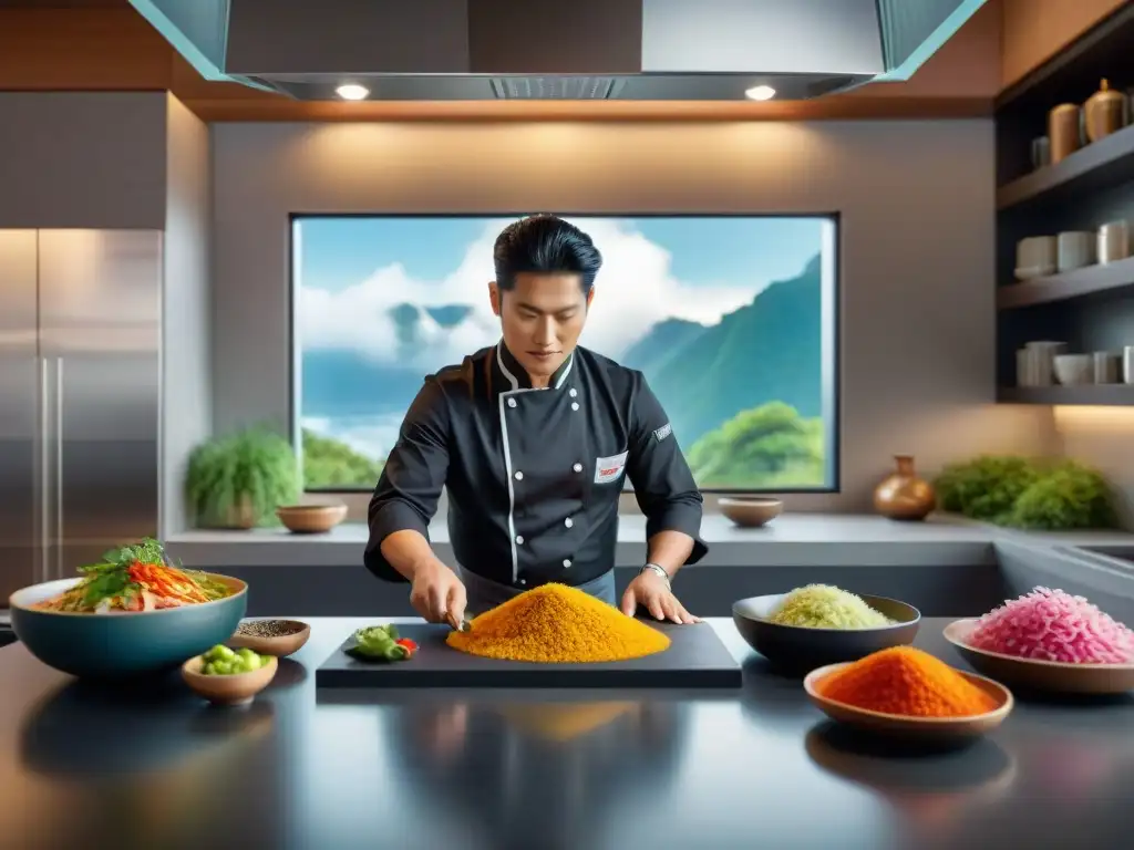 Un chef experto prepara plato fusión peruano-japonés en cocina moderna