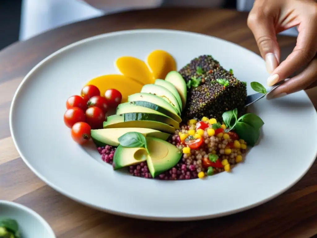 Un chef experto creando un plato de quinua gourmet Perú con ingredientes vibrantes y frescos