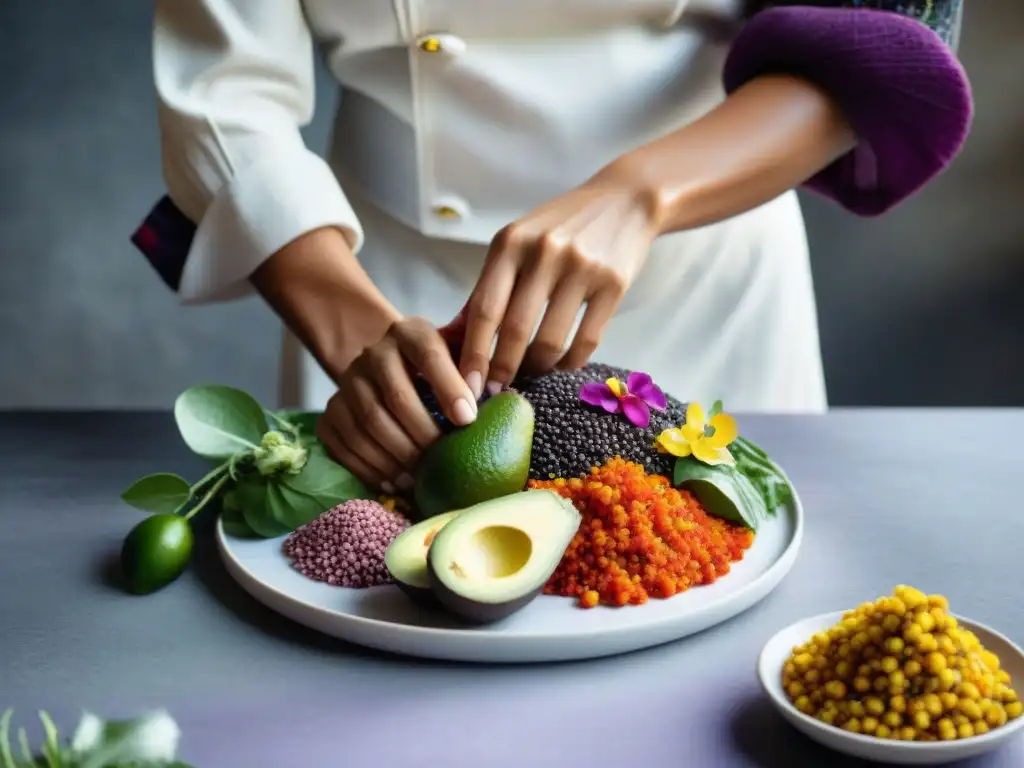 Un chef experto crea un plato de quinua gourmet Perú con ingredientes vibrantes y detalles artísticos