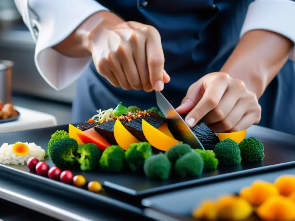 Un chef experto preparando un plato Nikkei, fusionando técnicas culinarias peruano-japonesas