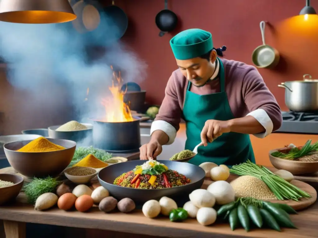 Un chef de montaña experto prepara platos andinos con ingredientes frescos y coloridos en una cocina rústica