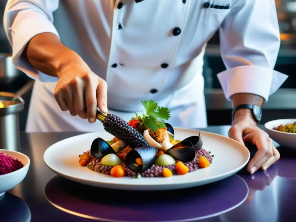 Un chef experto fusionando platos tradicionales de la gastronomía peruana con un toque gourmet en una cocina bulliciosa