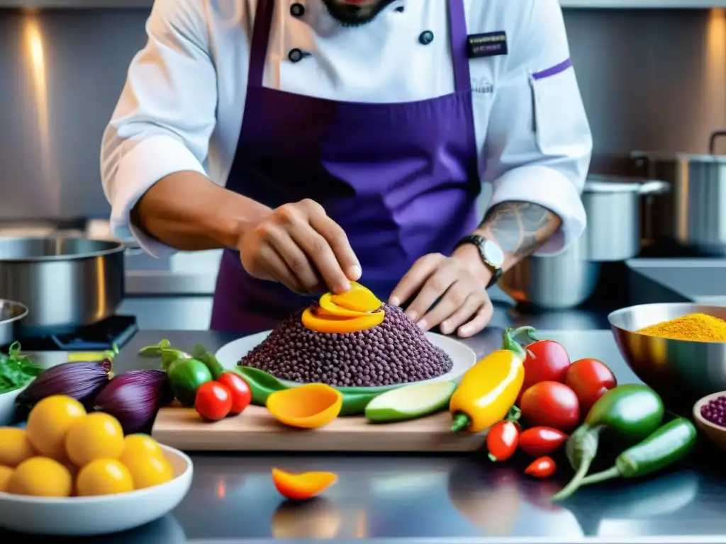 Un chef experto preparando platos únicos de cocina peruana con tecnología, fusionando tradición e innovación