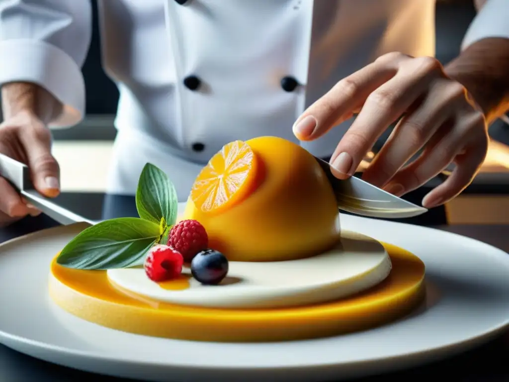 Chef experto preparando postre con lúcuma en cocina moderna