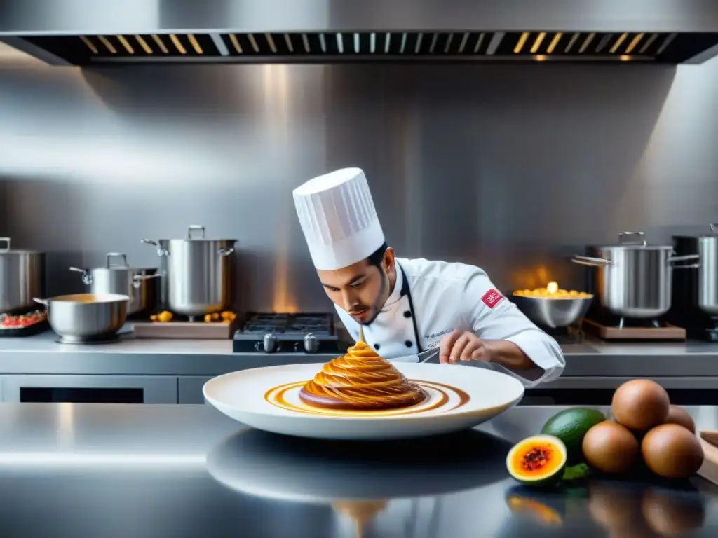 Un chef experto creando postre con pisco peruano en cocina moderna