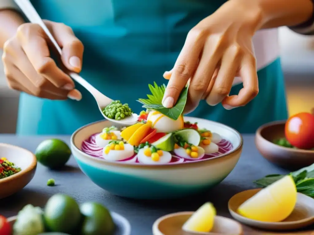 Un chef experto decora con precisión un ceviche peruano con intrincados diseños usando una impresora de alimentos de última generación