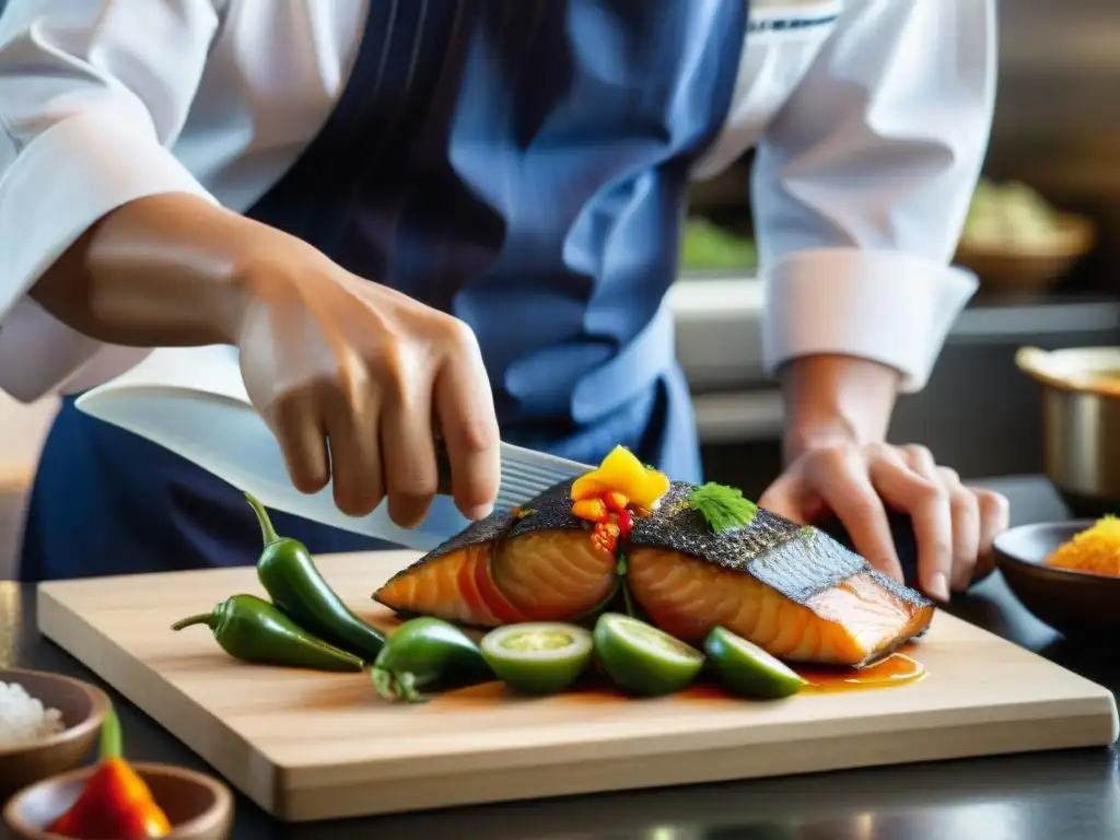 Un chef Nikkei experto preparando con precisión un plato fusión peruano-japonés